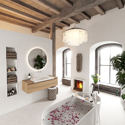 BUKLA 120cm mobili da bagno modulare Washed Oak con 1 cassetto. Lavabo CLOUD Centro senza foro per il rubinetto colore Talc.-2