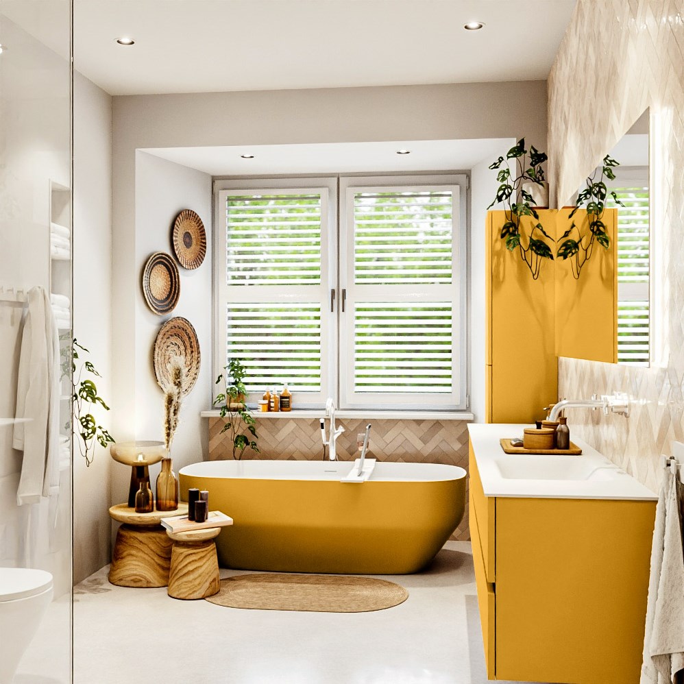 Glosario hilo Buzo VICA 200cm mueble de baño Ocher 4 cajones. Lavabo CLOUD derecho sin  orificios color Talc con espejo LED