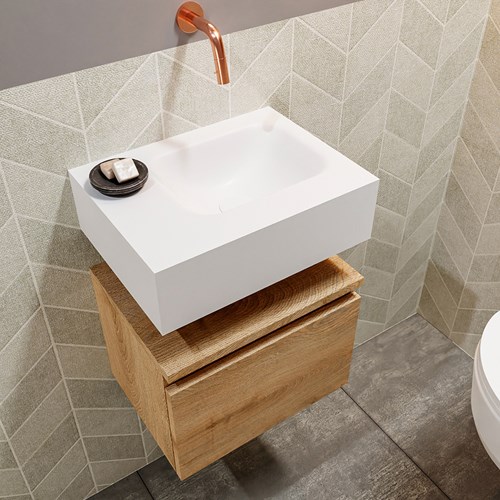 ANDOR 40cm toiletmeubel washed oak. LEX 40cm wastafel talc positie rechts. Zonder kraangat-2