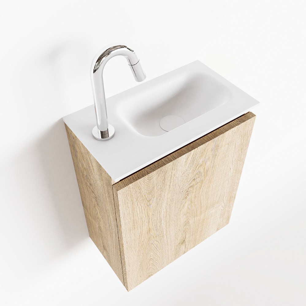 TURE 40cm toiletmeubel washed oak. EDEN wastafel talc positie rechts. Met 1  kraangat