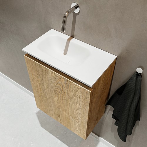 TURE 40cm cloakroom vanity set Washed Oak. Vanity top EDEN Talc position Left without tab hole.-2