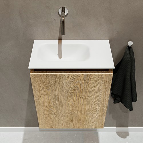 TURE 40cm cloakroom vanity set Washed Oak. Vanity top EDEN Talc position Left without tab hole.-3