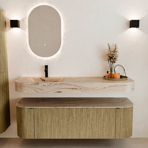 THOR-DLUX 150cm meubles de salle de bains courbe gauche + droite couleur Dusk avec 1 tiroir et 2 portes. Lavabo suspendu CLOUD Gauche 1 trou pour robinetter couleur Arena.-3