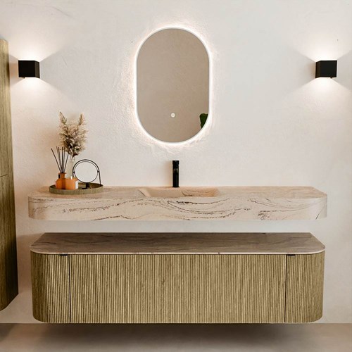 THOR-DLUX 170cm meubles de salle de bains courbe gauche + droite couleur Dusk avec 1 tiroir et 2 portes. Lavabo suspendu CLOUD Centrée 1 trou pour robinetter couleur Arena.-3