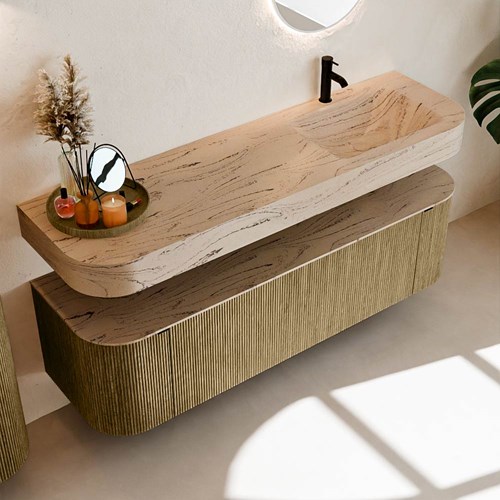 THOR-DLUX 160cm mueble de baño curva izquierda + derecha color Dusk con 1 cajón y 2 puertas. Lavabo suspendido CLOUD Derecho 1 orificio color Arena.-2