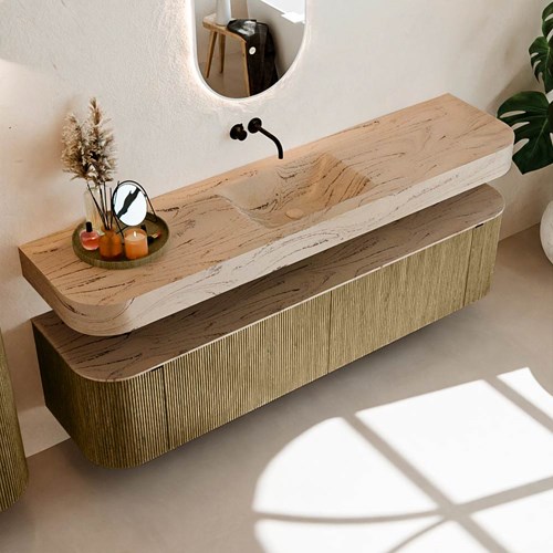 THOR-DLUX 190cm meubles de salle de bains courbe gauche + droite couleur Dusk avec 2 tiroirs et 2 portes. Lavabo suspendu CLOUD Centrée sans trou pour robinet couleur Arena.-2