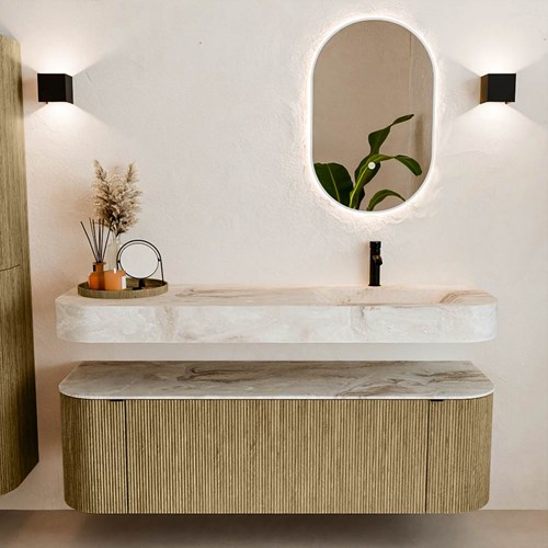 THOR-DLUX 150cm mueble de baño curva izquierda + derecha color Dusk con 1 cajón y 2 puertas. Lavabo suspendido CLOUD Derecho 1 orificio color Frappe.-3