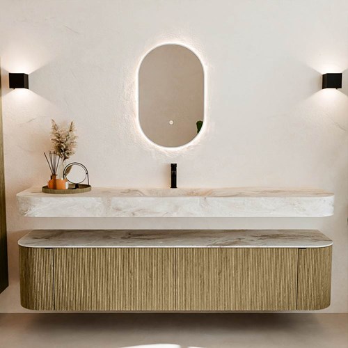 THOR-DLUX 200cm meubles de salle de bains courbe gauche + droite couleur Dusk avec 2 tiroirs et 2 portes. Lavabo suspendu CLOUD Centrée 1 trou pour robinetter couleur Frappe.-3