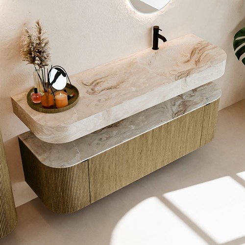 THOR-DLUX 150cm mueble de baño curva izquierda + derecha color Dusk con 1 cajón y 2 puertas. Lavabo suspendido CLOUD Derecho 1 orificio color Frappe.-2