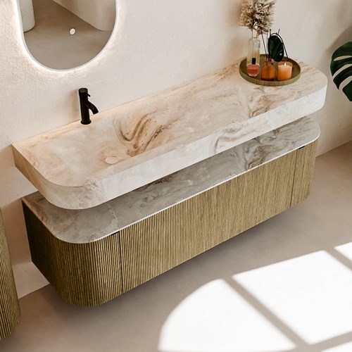 THOR-DLUX 160cm meubles de salle de bains courbe gauche + droite couleur Dusk avec 1 tiroir et 2 portes. Lavabo suspendu CLOUD Gauche 1 trou pour robinetter couleur Frappe.-2