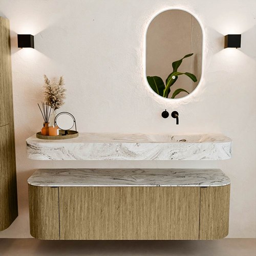 THOR-DLUX 150cm bathroom vanity set curve left + right color Dusk with 1 drawer and 2 doors. Floating sink CLOUD Right without tab hole color Glace.-3