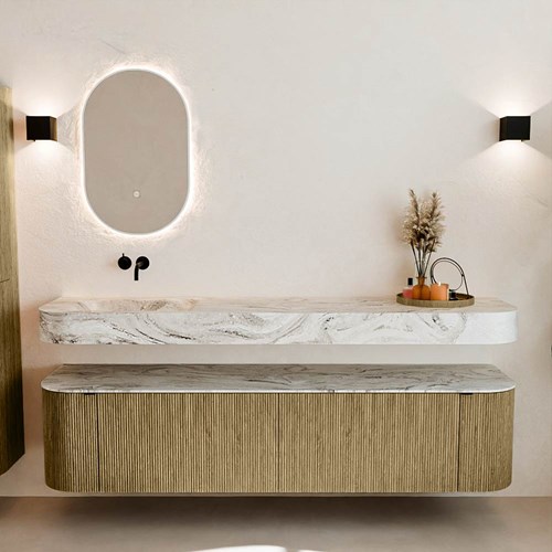 THOR-DLUX 190cm mueble de baño curva izquierda + derecha color Dusk con 2 cajones y 2 puertas. Lavabo suspendido CLOUD Izquierda sin orificio color Glace.-3