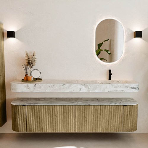 THOR-DLUX 190cm mueble de baño curva izquierda + derecha color Dusk con 2 cajones y 2 puertas. Lavabo suspendido CLOUD Derecho 1 orificio color Glace.-3