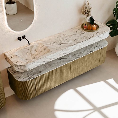 THOR-DLUX 190cm mueble de baño curva izquierda + derecha color Dusk con 2 cajones y 2 puertas. Lavabo suspendido CLOUD Izquierda sin orificio color Glace.-2