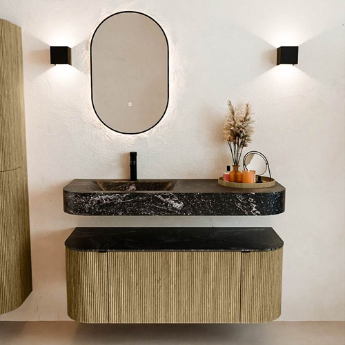 THOR-DLUX 120cm bathroom vanity set curve left + right color Dusk with 1 drawer and 2 doors. Floating sink CLOUD Left 1 tab hole color Lava.-3