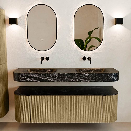 THOR-DLUX 150cm mueble de baño curva izquierda + derecha color Dusk con 1 cajón y 2 puertas. Lavabo suspendido CLOUD Doble sin orificio color Lava.-3