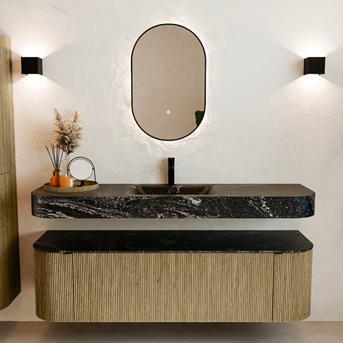 THOR-DLUX 160cm mueble de baño curva izquierda + derecha color Dusk con 1 cajón y 2 puertas. Lavabo suspendido CLOUD Centro 1 orificio color Lava.-3