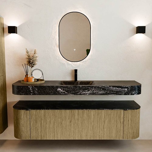 THOR-DLUX 170cm bathroom vanity set curve left + right color Dusk with 1 drawer and 2 doors. Floating sink CLOUD Center 1 tab hole color Lava.-3