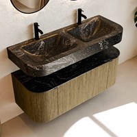 THOR-DLUX 120cm badmeubel ronding links + rechts kleur Dusk met 1 lade en 2 deuren. Vrijhangende wastafel CLOUD Dubbel 2 kraangaten kleur Lava.-2