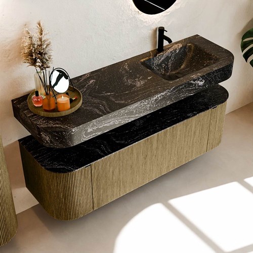 THOR-DLUX 150cm bathroom vanity set curve left + right color Dusk with 1 drawer and 2 doors. Floating sink CLOUD Right 1 tab hole color Lava.-2