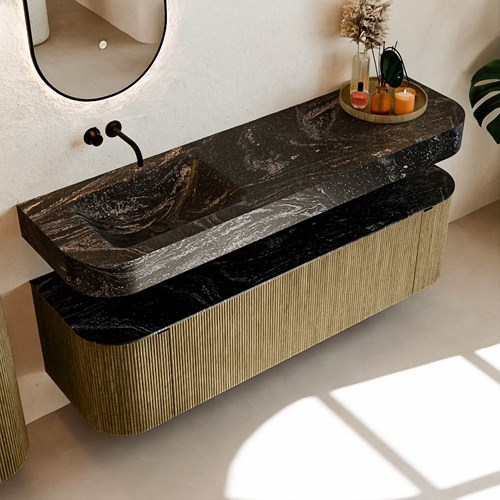 THOR-DLUX 160cm meubles de salle de bains courbe gauche + droite couleur Dusk avec 1 tiroir et 2 portes. Lavabo suspendu CLOUD Gauche sans trou pour robinet couleur Lava.-2