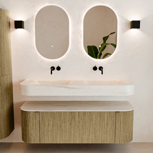 THOR-DLUX 140cm meubles de salle de bains courbe gauche + droite couleur Dusk avec 1 tiroir et 2 portes. Lavabo suspendu CLOUD Double sans trou pour robinet couleur Meli.-3