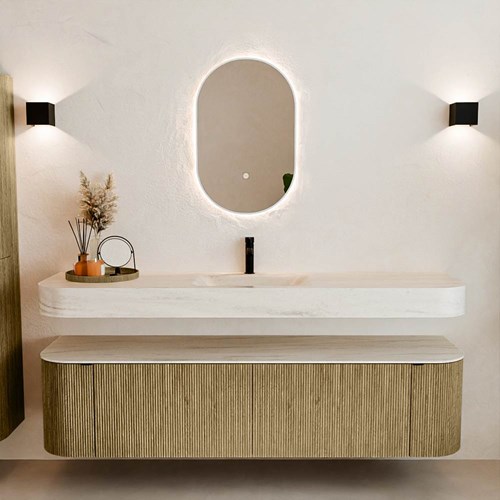 THOR-DLUX 180cm mueble de baño curva izquierda + derecha color Dusk con 2 cajones y 2 puertas. Lavabo suspendido CLOUD Centro 1 orificio color Meli.-3