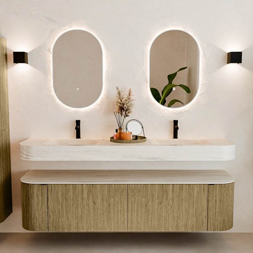 THOR-DLUX 180cm bathroom vanity set curve left + right color Dusk with 2 drawers and 2 doors. Wall mounted sink CLOUD Double 2 tab holes color Meli.-3