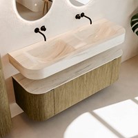 THOR-DLUX 140cm meubles de salle de bains courbe gauche + droite couleur Dusk avec 1 tiroir et 2 portes. Lavabo suspendu CLOUD Double sans trou pour robinet couleur Meli.-2