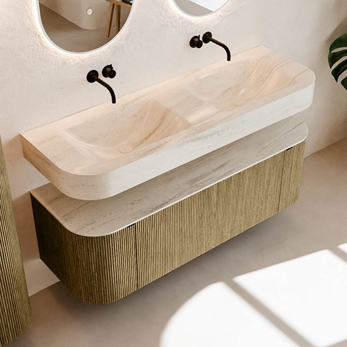 THOR-DLUX 140cm meubles de salle de bains courbe gauche + droite couleur Dusk avec 1 tiroir et 2 portes. Lavabo suspendu CLOUD Double sans trou pour robinet couleur Meli.-2