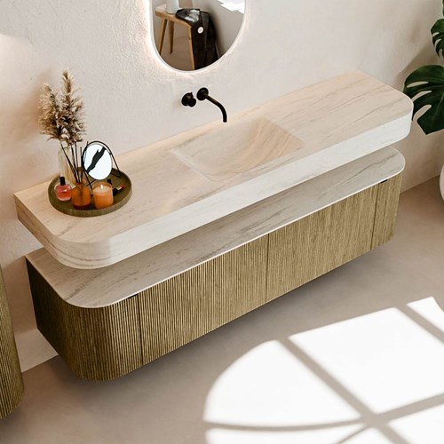 THOR-DLUX 180cm mueble de baño curva izquierda + derecha color Dusk con 2 cajones y 2 puertas. Lavabo suspendido CLOUD Centro sin orificio color Meli.-2