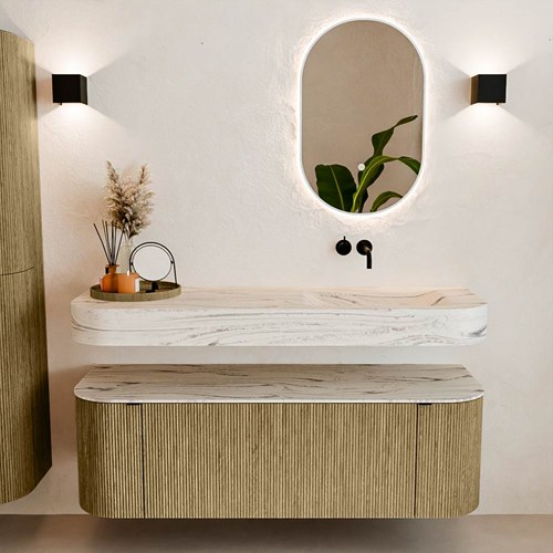 THOR-DLUX 140cm meubles de salle de bains courbe gauche + droite couleur Dusk avec 1 tiroir et 2 portes. Lavabo suspendu CLOUD Droite sans trou pour robinet couleur Nata.-3