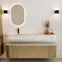 THOR-DLUX 160cm mueble de baño curva izquierda + derecha color Dusk con 1 cajón y 2 puertas. Lavabo suspendido CLOUD Izquierda 1 orificio color Nata.-3