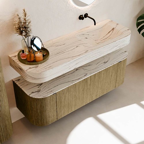 THOR-DLUX 140cm meubles de salle de bains courbe gauche + droite couleur Dusk avec 1 tiroir et 2 portes. Lavabo suspendu CLOUD Droite sans trou pour robinet couleur Nata.-2