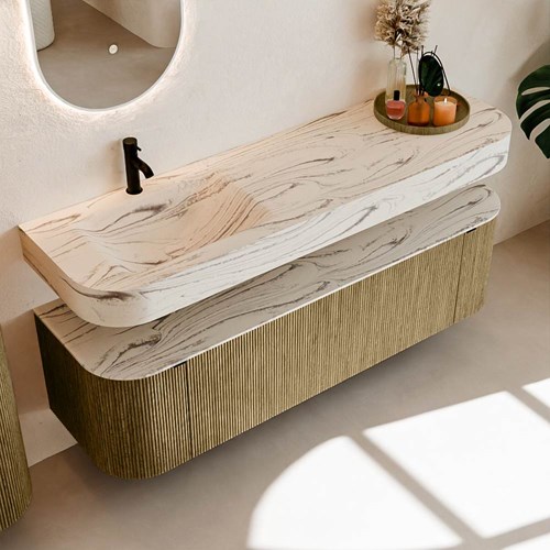 THOR-DLUX 160cm mueble de baño curva izquierda + derecha color Dusk con 1 cajón y 2 puertas. Lavabo suspendido CLOUD Izquierda 1 orificio color Nata.-2
