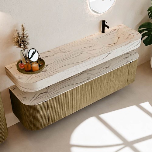 THOR-DLUX 180cm bathroom vanity set curve left + right color Dusk with 2 drawers and 2 doors. Wall mounted sink CLOUD Right 1 tab hole color Nata.-2