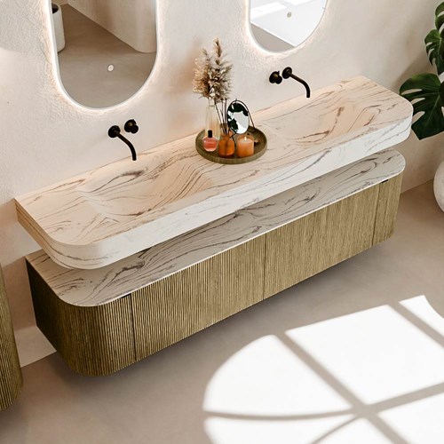 THOR-DLUX 190cm mueble de baño curva izquierda + derecha color Dusk con 2 cajones y 2 puertas. Lavabo suspendido CLOUD Doble sin orificio color Nata.-2