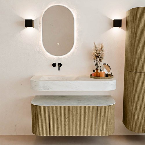 THOR-DLUX 110cm bathroom vanity set curve left + right color Dusk with 1 drawer and 2 doors. Floating sink CLOUD Left without tab hole color Opalo.-3