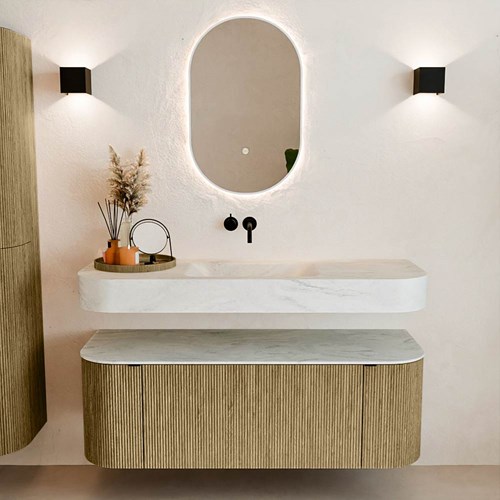 THOR-DLUX 130cm badmeubel ronding links + rechts kleur Dusk met 1 lade en 2 deuren. Vrijhangende wastafel CLOUD Midden zonder kraangat kleur Opalo.-3
