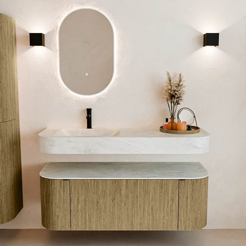 THOR-DLUX 130cm meubles de salle de bains courbe gauche + droite couleur Dusk avec 1 tiroir et 2 portes. Lavabo suspendu CLOUD Gauche 1 trou pour robinetter couleur Opalo.-3