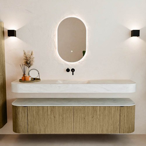 THOR-DLUX 180cm meubles de salle de bains courbe gauche + droite couleur Dusk avec 2 tiroirs et 2 portes. Lavabo suspendu CLOUD Centrée sans trou pour robinet couleur Opalo.-3