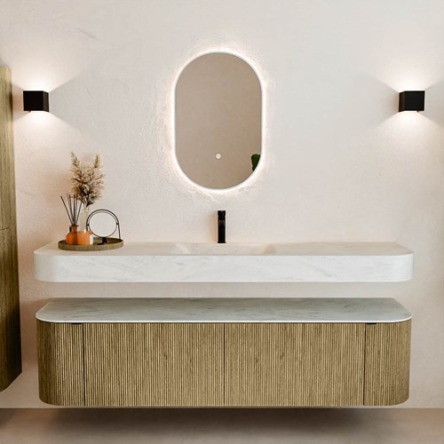 THOR-DLUX 180cm bathroom vanity set curve left + right color Dusk with 2 drawers and 2 doors. Floating sink CLOUD Center 1 tab hole color Opalo.-3