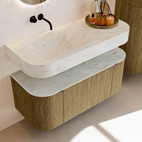 THOR-DLUX 110cm bathroom vanity set curve left + right color Dusk with 1 drawer and 2 doors. Floating sink CLOUD Left without tab hole color Opalo.-2