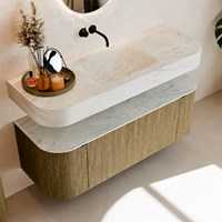 THOR-DLUX 130cm badmeubel ronding links + rechts kleur Dusk met 1 lade en 2 deuren. Vrijhangende wastafel CLOUD Midden zonder kraangat kleur Opalo.-2