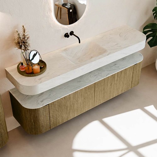 THOR-DLUX 180cm meubles de salle de bains courbe gauche + droite couleur Dusk avec 2 tiroirs et 2 portes. Lavabo suspendu CLOUD Centrée sans trou pour robinet couleur Opalo.-2