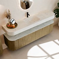 THOR-DLUX 180cm bathroom vanity set curve left + right color Dusk with 2 drawers and 2 doors. Floating sink CLOUD Center 1 tab hole color Opalo.-2