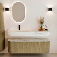 THOR-DLUX 140cm mueble de baño curva izquierda + derecha color Dusk con 1 cajón y 2 puertas. Lavabo suspendido CLOUD Izquierda 1 orificio color Ostra.-3
