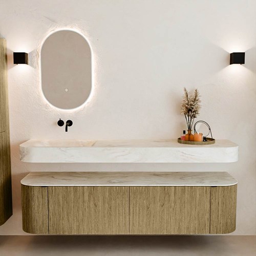 THOR-DLUX 180cm mueble de baño curva izquierda + derecha color Dusk con 2 cajones y 2 puertas. Lavabo suspendido CLOUD Izquierda sin orificio color Ostra.-3