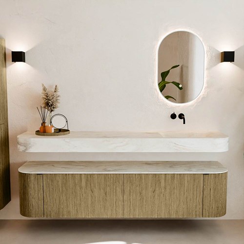 THOR-DLUX 190cm mueble de baño curva izquierda + derecha color Dusk con 2 cajones y 2 puertas. Lavabo suspendido CLOUD Derecho sin orificio color Ostra.-3