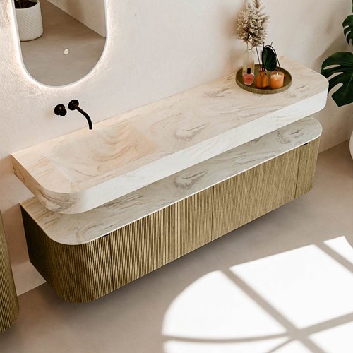 THOR-DLUX 180cm mueble de baño curva izquierda + derecha color Dusk con 2 cajones y 2 puertas. Lavabo suspendido CLOUD Izquierda sin orificio color Ostra.-2